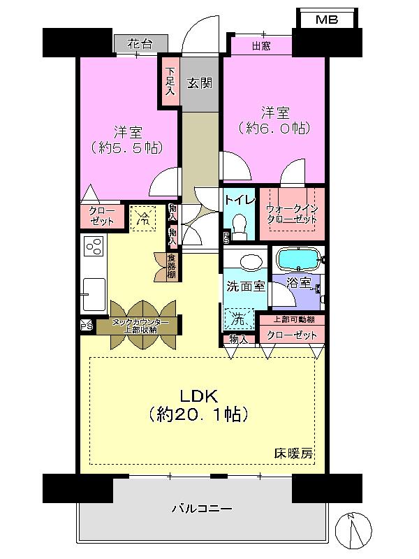 Floor plan. 2LDK, Price 33,800,000 yen, Occupied area 70.56 sq m , Balcony area 12.6 sq m