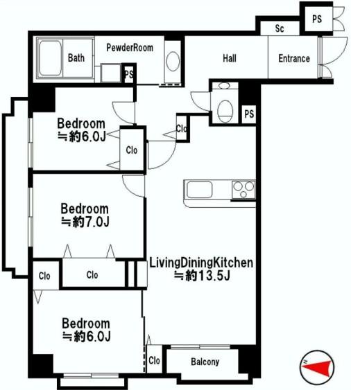 Floor plan. 3LDK, Price 52,800,000 yen, Footprint 80.4 sq m , Balcony area 7.25 sq m
