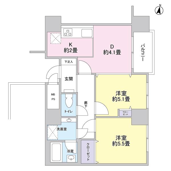 Floor plan. 2DK, Price 28.8 million yen, Occupied area 45.99 sq m , Balcony area 3 sq m