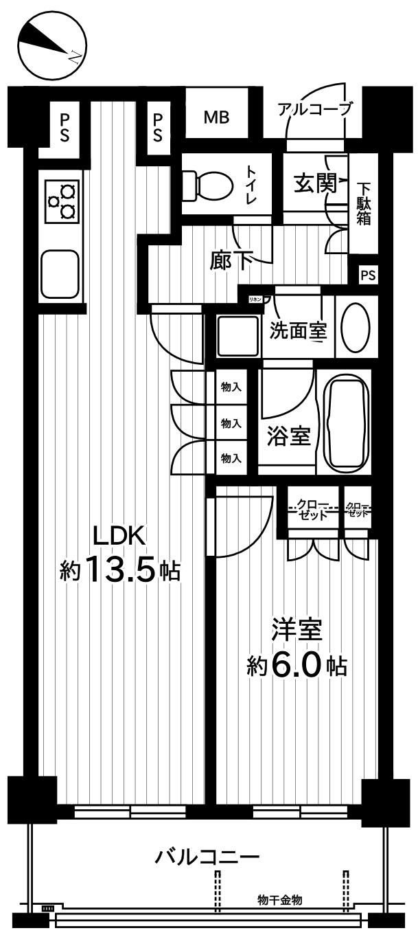 Floor plan. 1LDK, Price 36,800,000 yen, Footprint 46.7 sq m , Balcony area 7.37 sq m
