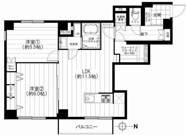 Floor plan. 2LDK, Price 27,900,000 yen, Occupied area 57.31 sq m , Balcony area 3.14 sq m