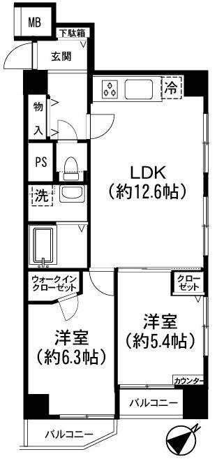 Floor plan. 2LDK, Price 29,800,000 yen, Occupied area 57.33 sq m , Balcony area 4.87 sq m