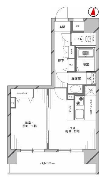 Floor plan. 1DK, Price 25,800,000 yen, Occupied area 37.76 sq m , Balcony area 8.77 sq m