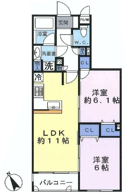 Floor plan. 2LDK, Price 35,800,000 yen, Occupied area 50.11 sq m , Balcony area 3.24 sq m