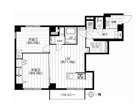 Floor plan. 2LDK, Price 27,900,000 yen, Occupied area 57.31 sq m , Balcony area 3.14 sq m southeast angle room