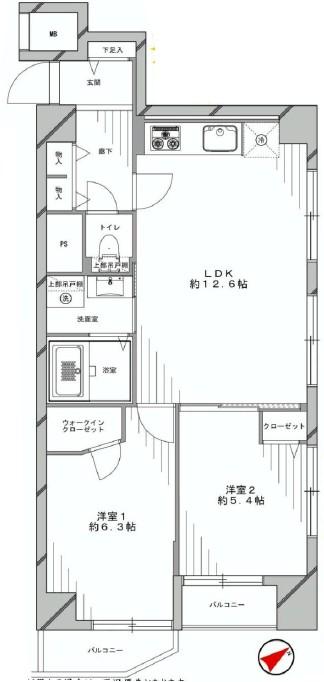 Floor plan. 2LDK + S (storeroom), Price 30,800,000 yen, Occupied area 57.33 sq m , Balcony area 4.87 sq m