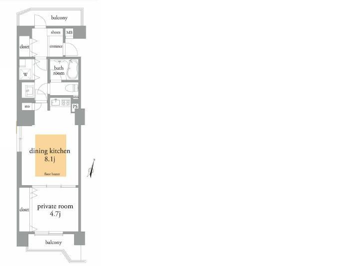 Floor plan. 1DK, Price 23.8 million yen, Occupied area 47.04 sq m , Balcony area 3.06 sq m