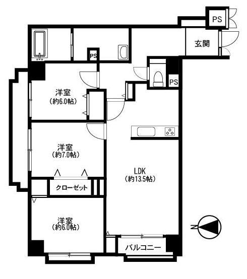 Floor plan. 3LDK, Price 49,800,000 yen, Footprint 80.4 sq m , Balcony area 7.25 sq m