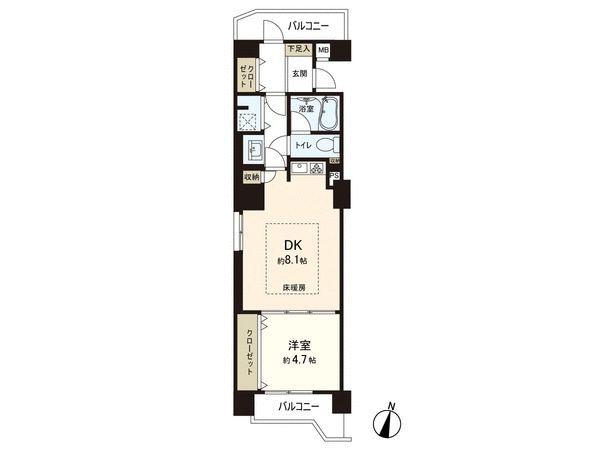 Floor plan. 1DK, Price 23.8 million yen, Occupied area 47.04 sq m , Balcony area 6.34 sq m