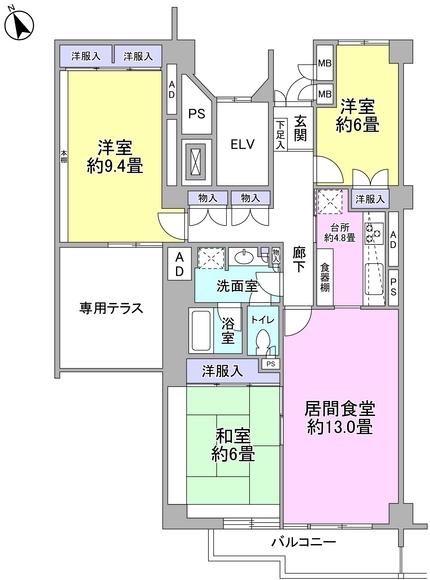 Floor plan. 3LDK, Price 64,800,000 yen, Occupied area 99.39 sq m , Balcony area 6.6 sq m 3LDK