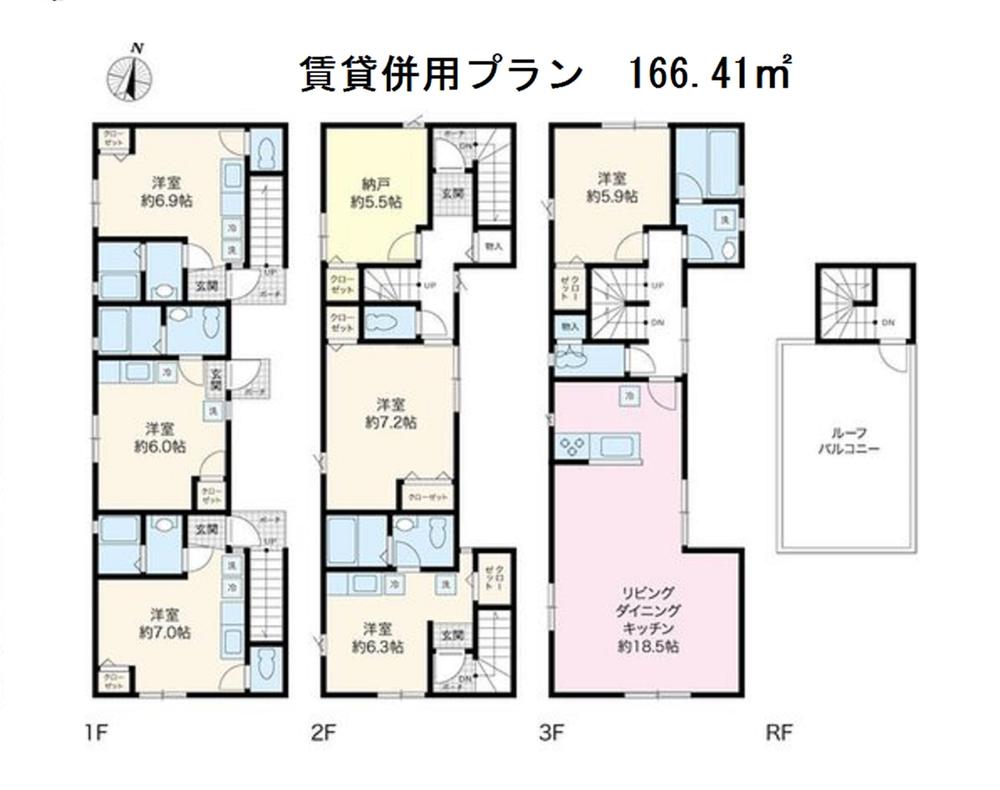 Building plan example (floor plan). Rent combination plan example Building price 36,900,000 yen, Building area 166.41 sq m  Other Ground improvement, Facilities construction costs 1,000,000 yen 