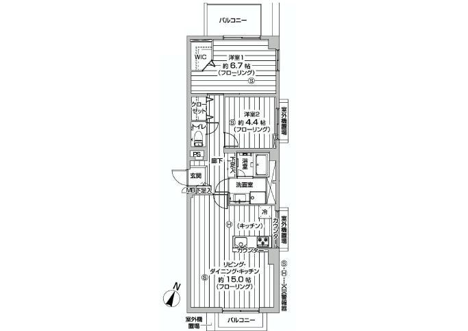 Floor plan. 2LDK, Price 26,800,000 yen, Occupied area 61.88 sq m , Balcony area 7.36 sq m