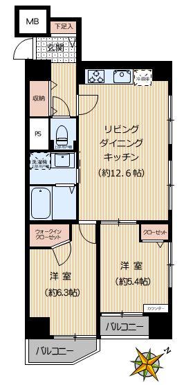 Floor plan. 2LDK, Price 29,800,000 yen, Occupied area 57.33 sq m , Balcony area 4.87 sq m