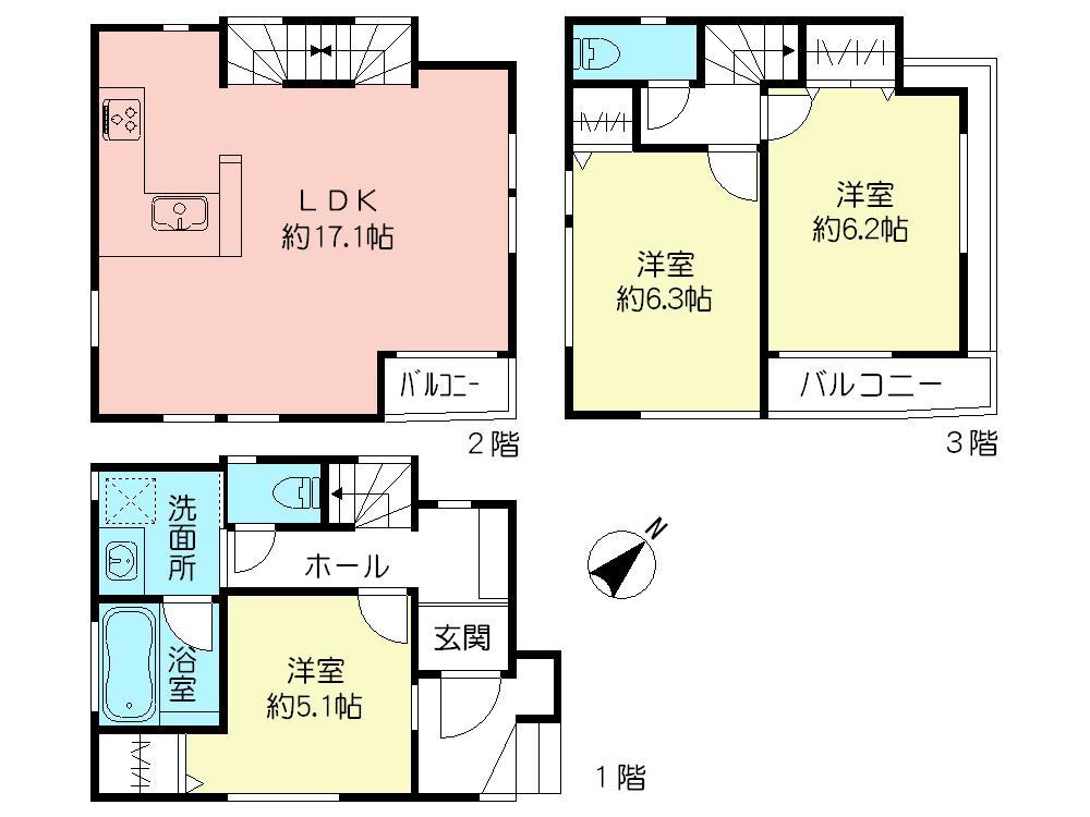 Floor plan. (1 Building), Price 63,800,000 yen, 3LDK, Land area 51.63 sq m , Building area 81.63 sq m