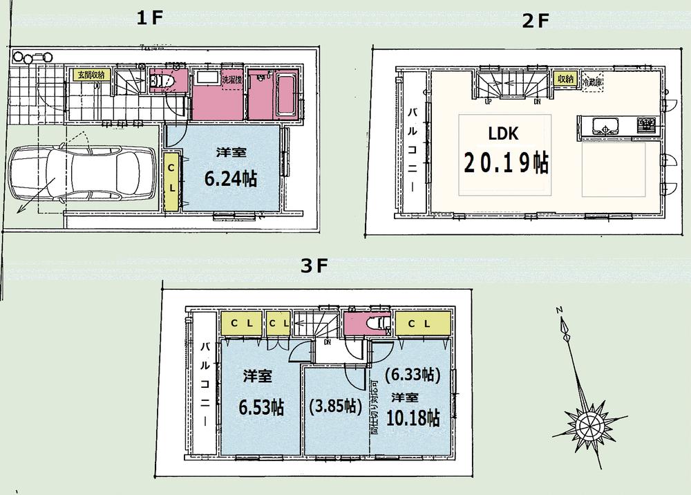 Floor plan. 61,800,000 yen, 4LDK, Land area 60 sq m , Building area 107.34 sq m 2 Men'yuka Heating The third floor atrium