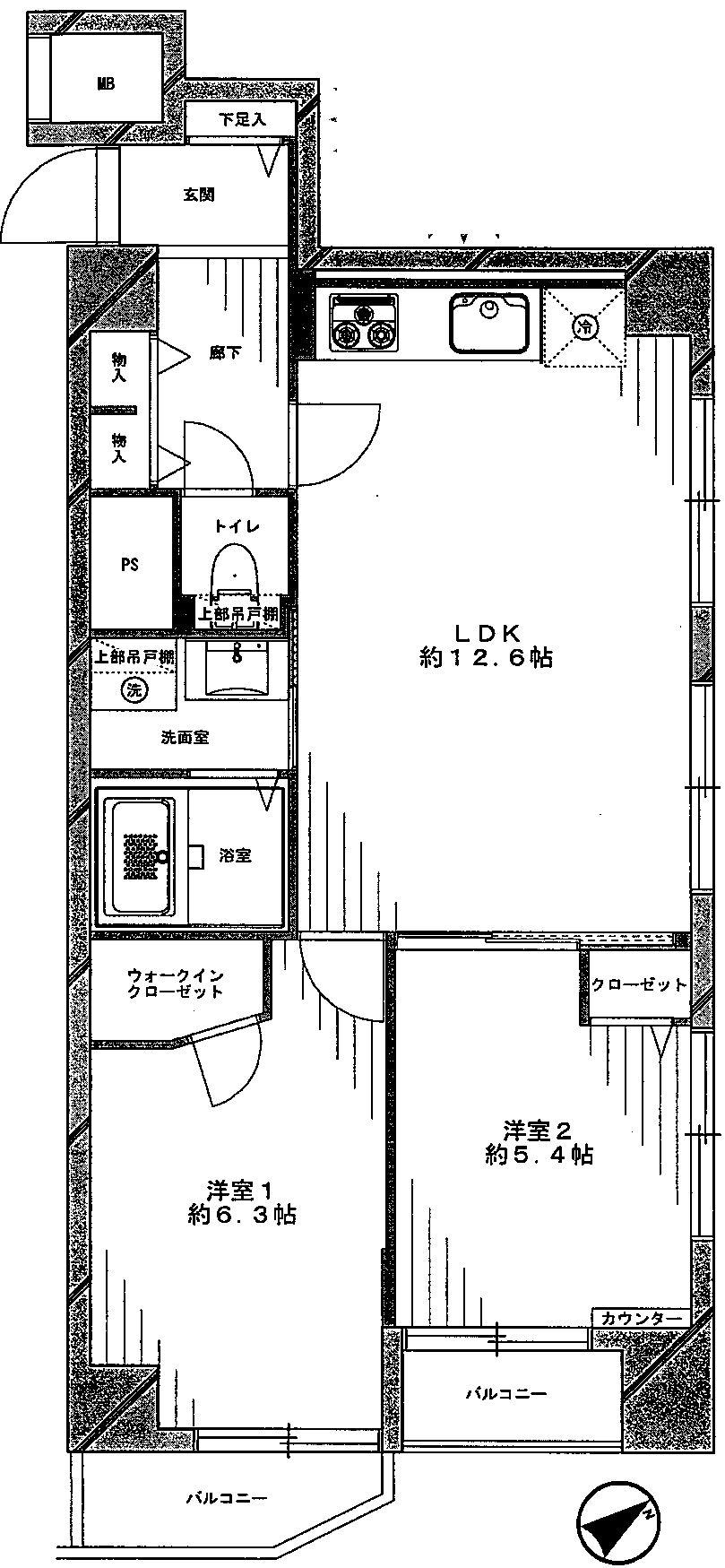 Floor plan. 2LDK, Price 29,800,000 yen, Occupied area 57.33 sq m , Balcony area 4.87 sq m