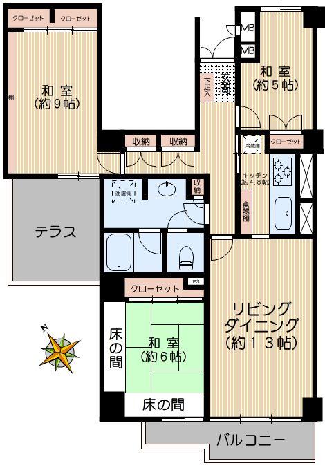 Floor plan. 3LDK, Price 64,800,000 yen, Occupied area 99.39 sq m , Balcony area 6.6 sq m