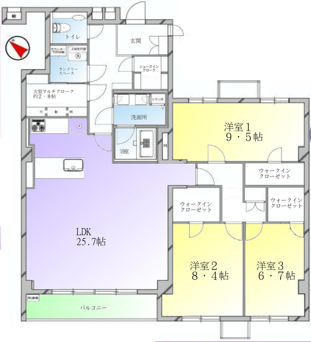 Floor plan. 3LDK, Price 77,800,000 yen, Footprint 127.51 sq m , Balcony area 6.63 sq m