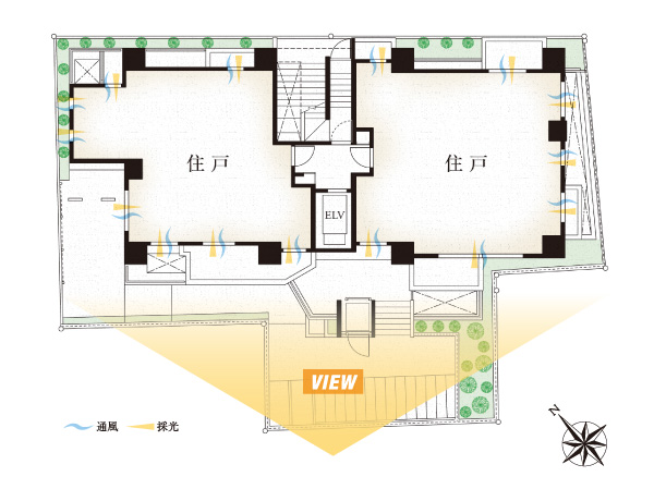 Features of the building.  [Site layout] The earth color in vertical line with a focus on entrance, Directing the expression with depth in the overall appearance of white, such as ink painting shade. Simple yet, It emits a presence and unshakable profound feeling. And, 1 luxurious floor plan of 2 units placed on the floor to realize a 100% corner dwelling unit. Not only are all of the dwelling units are to ensure the rich lighting and ventilation, Also it brings excellent privacy of.