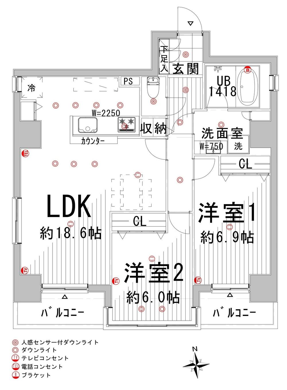 Floor plan. 2LDK, Price 43,700,000 yen, Occupied area 71.52 sq m , Balcony area 8.46 sq m