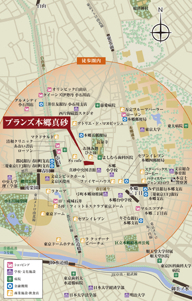 Building structure. Local peripheral illustrations MAP / Within walking distance, Because there is a "shopping", "hospital", such as "bank" indispensable to the daily life facilities and shops, Peace of mind. With the bicycle, It will also be familiar action range wider area.