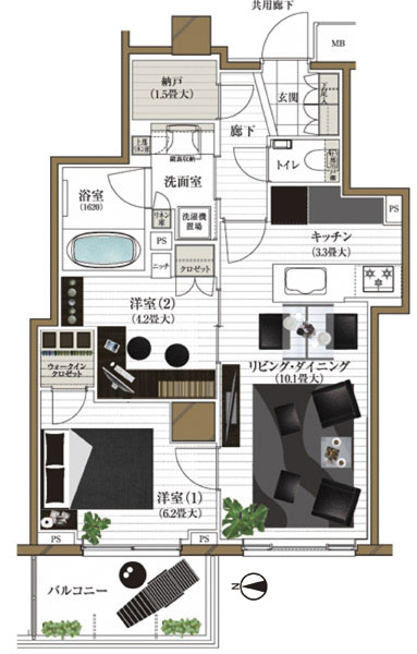 Building structure. Illustration Floor Plan (L type / 2LDK + WIC + N / Occupied area 58.39 sq m) / With the image of the combined space in the life style of the couple, Also important to simulate the furniture placement. In the "Brands Hongo Masago" is, It is equipped with various types of 2LDL!  ※ WIC / Walk-in closet, N / Storeroom