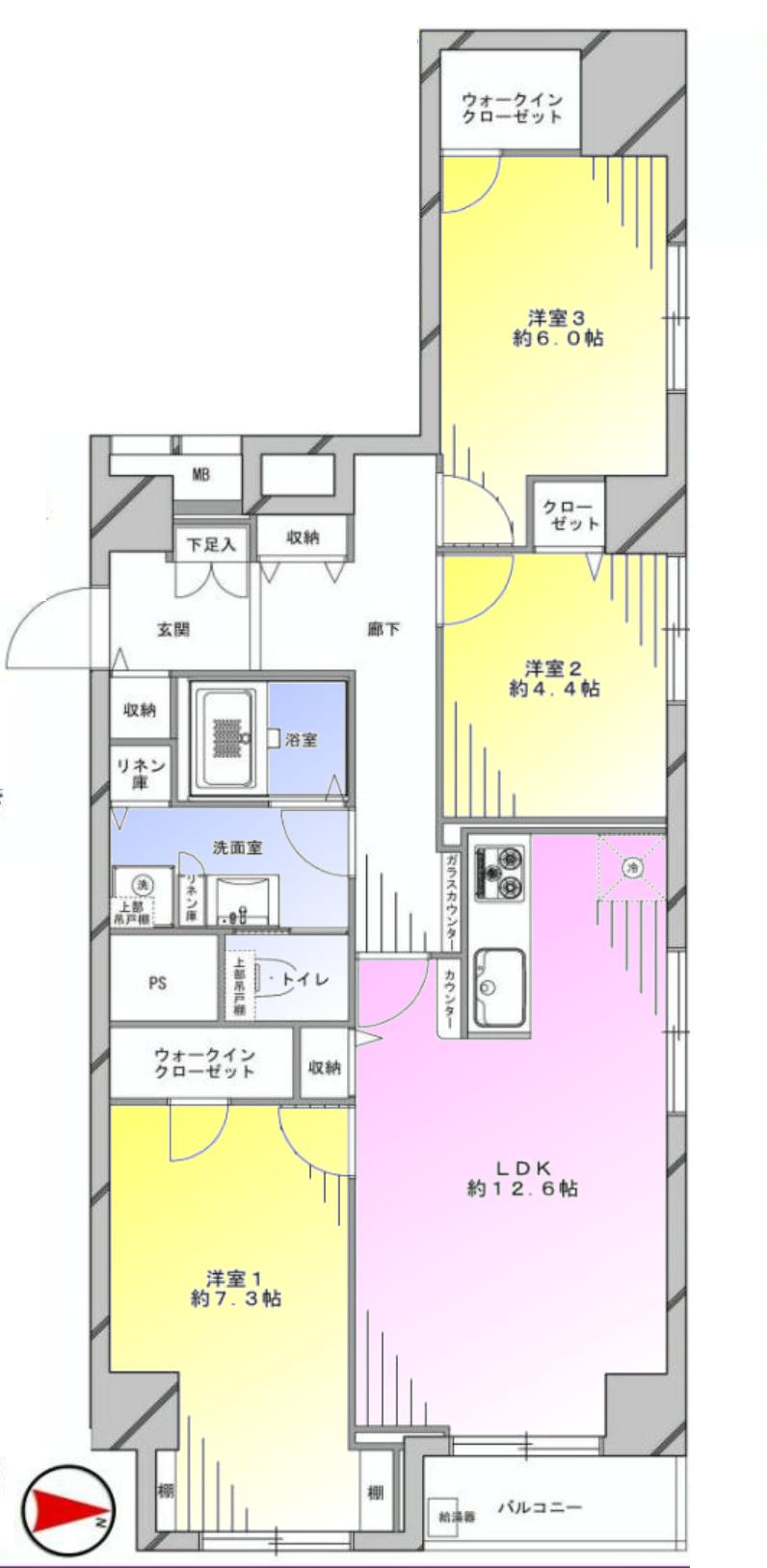 Floor plan. 3LDK, Price 39,800,000 yen, Occupied area 76.42 sq m , Balcony area 2.8 sq m