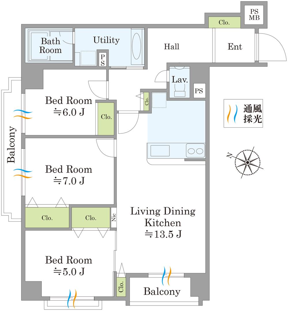 Floor plan. 3LDK, Price 52,800,000 yen, Footprint 80.4 sq m , Balcony area 7.25 sq m 80 square meters more than 3LDK, Southwestward, It is the corner dwelling unit. Shaped floor plan. I opened the sliding door of about 5 Pledge Western-style can be used as about 18.5 Pledge of LD.