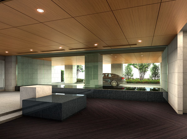 Features of the building.  [Entrance hall ・ Driveway Rendering] When you enter the auto-lock door, It reflected further Hall of flooring upholstery. Reasonable distance between the outer and the inner, Is what moderate continuity of space, Masu Yuki painted should also referred to as the style of the house.