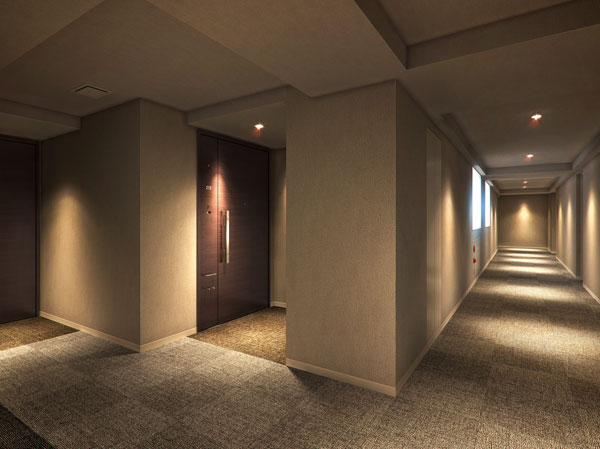 Features of the building.  [The inner corridor Rendering] The approach from the elevator to the private residence, Consideration to privacy, It has adopted an inner corridor of carpet tiles paste, such as hotels. An inner corridor beginning Entrance Hall ・ Since installing the air-conditioning in the hall, Comfortable you can you live throughout the year.