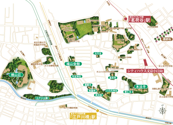 Surrounding environment. The peripheral local, Compete for a wide variety of flowers beauty in every season, "Koishikawa Botanical Garden", Boasting a scale of 20,000 square meters lush spot, such as a garden of "Chinzan-so" is dotted with, It has formed a full of peace to heal people's hearts environment. (Area conceptual diagram)