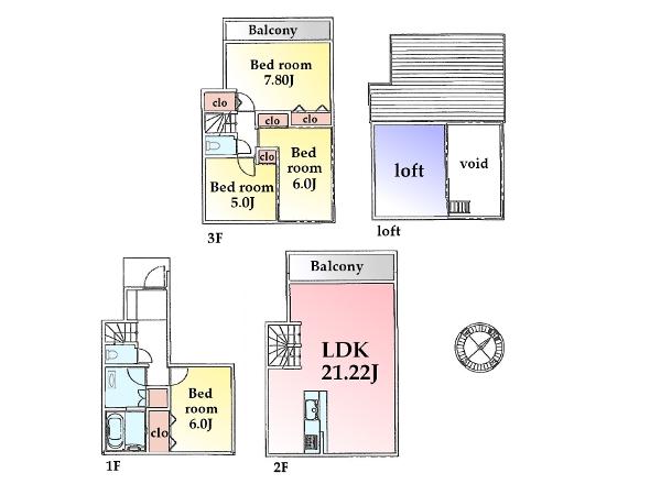 Compartment view + building plan example. Building plan example, Land price 62,800,000 yen, Land area 63.64 sq m , Building price 18 million yen, Building area 114.82 sq m