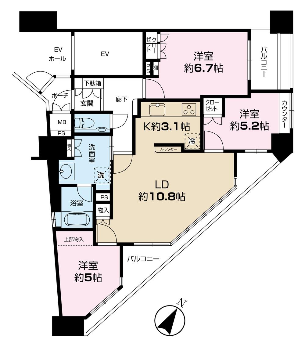 Floor plan. 3LDK, Price 69,800,000 yen, Occupied area 69.41 sq m , Balcony area 6.98 sq m