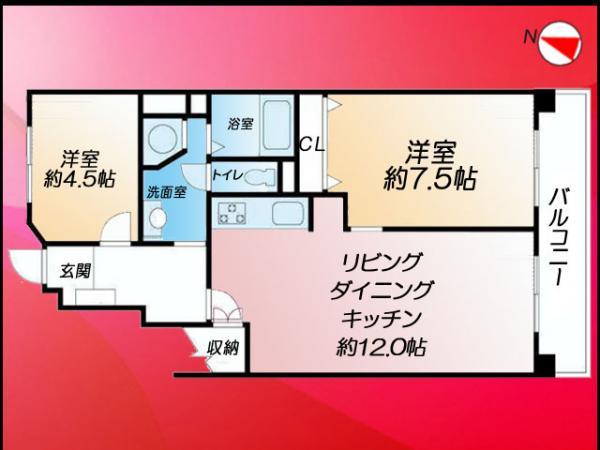 Floor plan. 2LDK, Price 29,800,000 yen, Occupied area 54.74 sq m , Balcony area 6.64 sq m