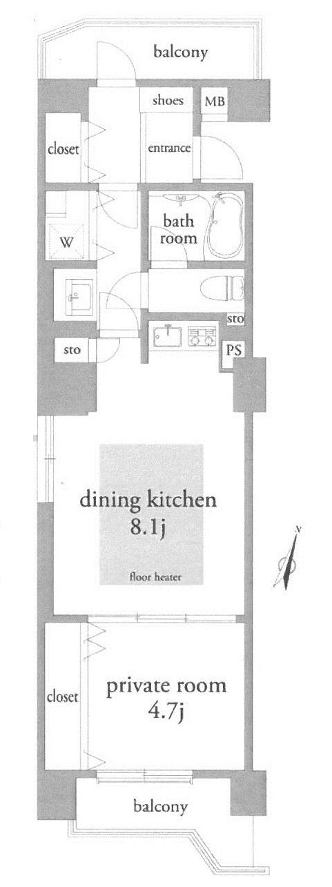 Floor plan. 1DK, Price 23.8 million yen, Occupied area 47.04 sq m , Balcony area 6.34 sq m