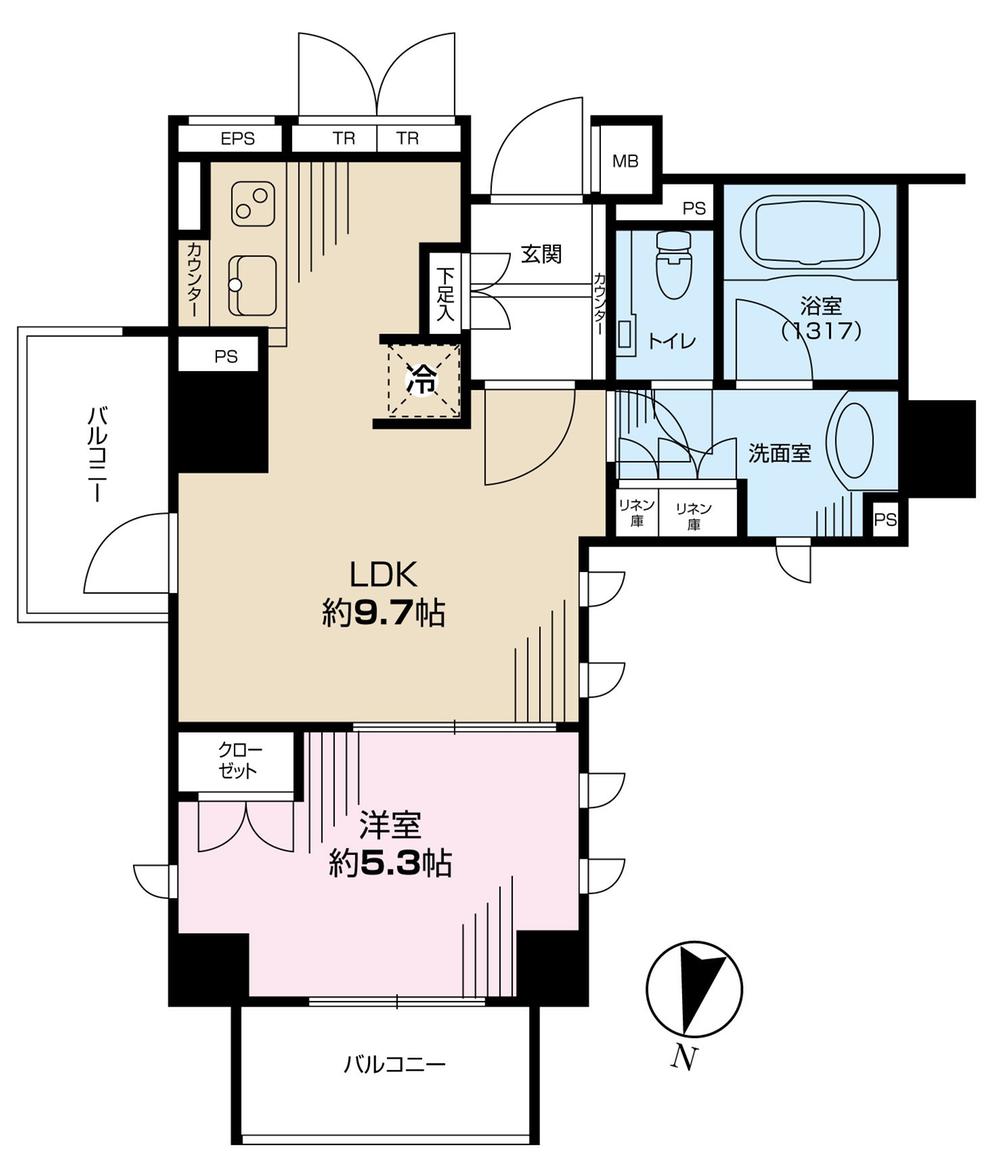 Floor plan. 1LDK, Price 33,800,000 yen, Footprint 38.7 sq m , Balcony area 6.7 sq m