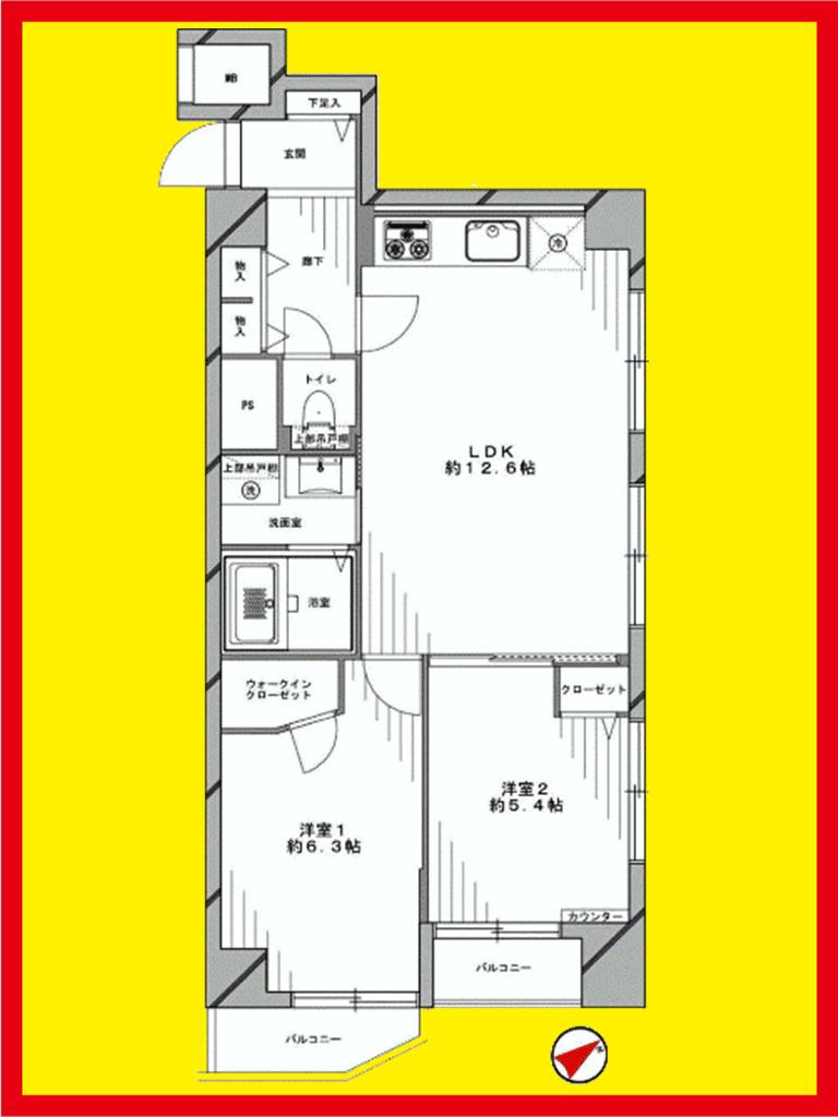 Floor plan. 2LDK, Price 29,800,000 yen, Occupied area 57.33 sq m , Balcony area 4.87 sq m Floor