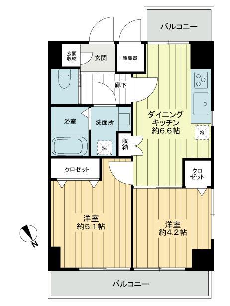 Floor plan. 2DK, Price 26,980,000 yen, Occupied area 40.97 sq m , Balcony area 9.5 sq m floor plan