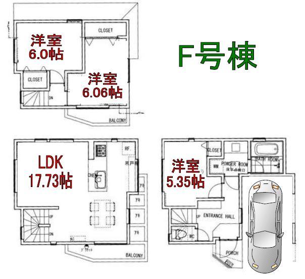 Floor plan. (F Building), Price 57,800,000 yen, 3LDK, Land area 52.28 sq m , Building area 80.43 sq m