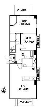 Floor plan. 2LDK, Price 26,800,000 yen, Occupied area 61.88 sq m , Balcony area 7.36 sq m