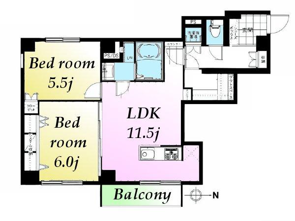 Floor plan. 2LDK, Price 27,900,000 yen, Occupied area 57.31 sq m , Balcony area 3.14 sq m