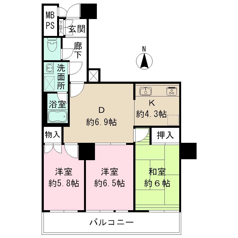 Floor plan. 3DK, Price 38,500,000 yen, Occupied area 69.82 sq m , Balcony area 11.2 sq m