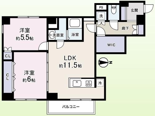 Floor plan. 2LDK, Price 27,900,000 yen, Occupied area 57.31 sq m , Renovation dwelling units of the balcony area 3.14 sq m southeast angle room