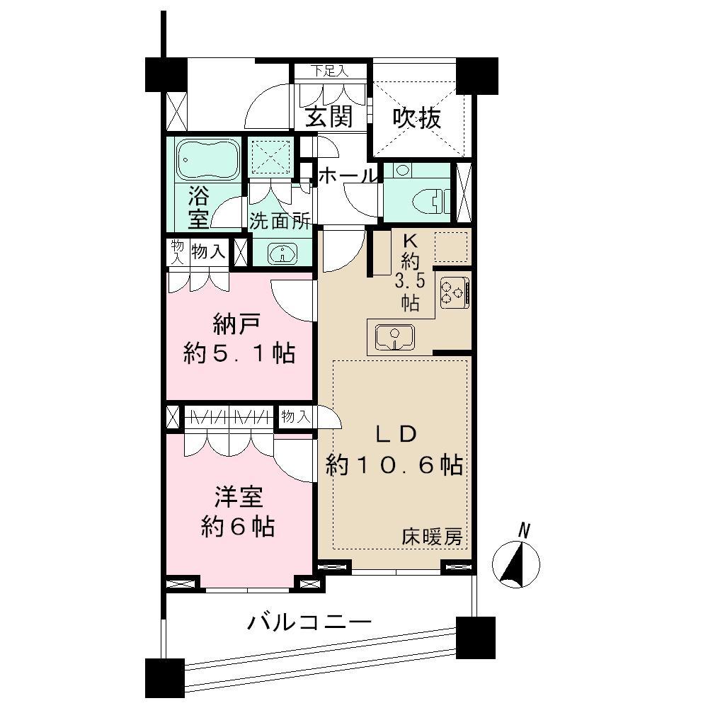 Floor plan. 1LDK, Price 49,900,000 yen, Occupied area 58.23 sq m , Balcony area 11.08 sq m