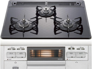 Kitchen.  [Glass top stove] Three of the burner and grill have adopted a gas stove that can be used at the same time. Since the good command of a variety of cooking at the same time, You can enjoy the dishes more comfortable.