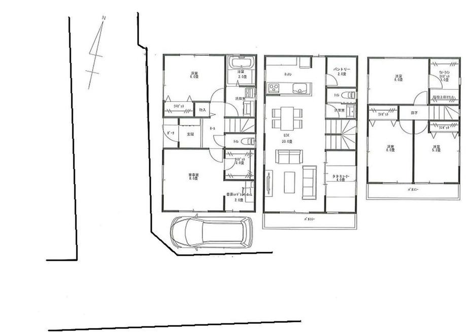 Compartment view + building plan example. Building plan example, Land price 79,800,000 yen, Land area 87.14 sq m