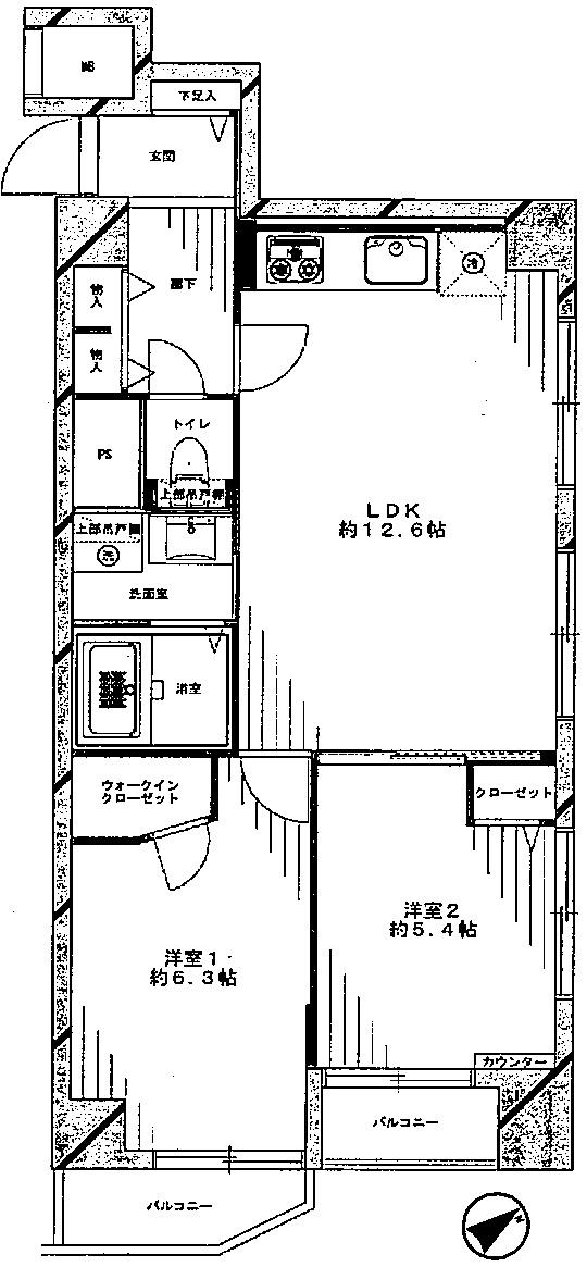 Floor plan. 2LDK, Price 29,800,000 yen, Occupied area 57.33 sq m , Balcony area 4.87 sq m