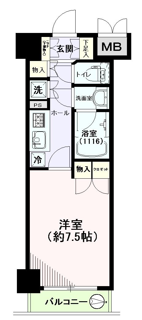 Floor plan. 1K, Price 21,800,000 yen, Occupied area 26.52 sq m , Balcony area 3.09 sq m