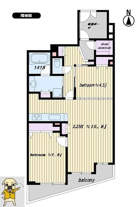 Floor plan. 2LDK, Price 42,800,000 yen, Occupied area 65.18 sq m , Balcony area 12 sq m
