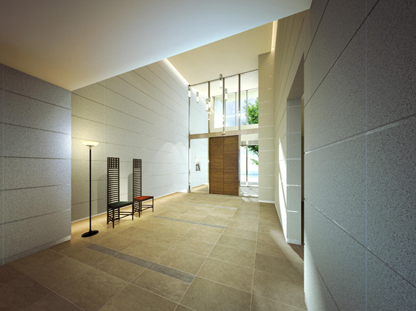 Shared facilities.  [Entrance Hall completed oozes the sense of quality expected view] From the entrance door of the trees feel the warmth until the entrance hall, Relaxed space of a two-layer Fukinuki. In beige tile Ashirai border of Gureju as an accent, The floor was arranged art of rich chair, Soft natural light pours from a large glass surface, Gently welcome visitors.